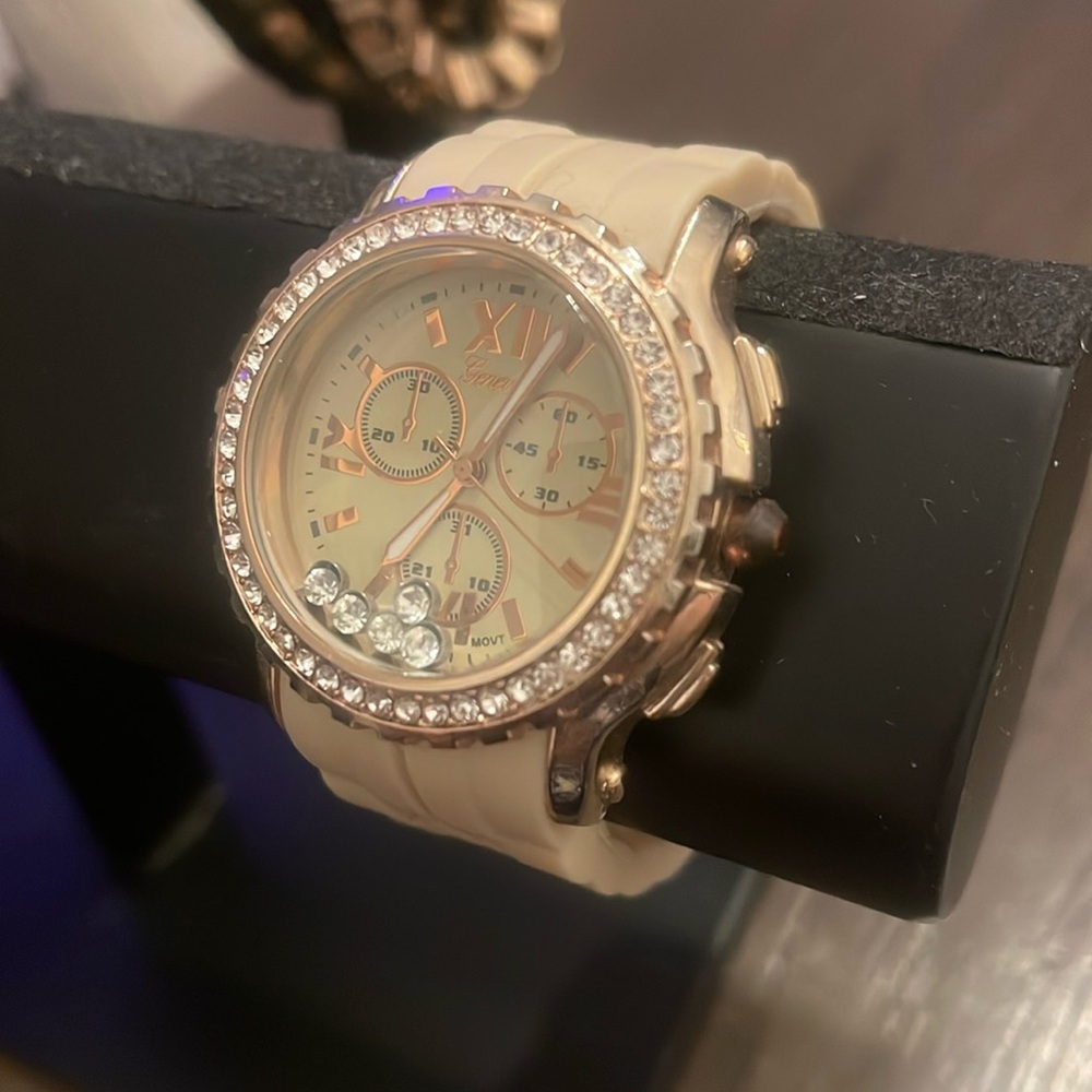 Cream color watch with crystal design